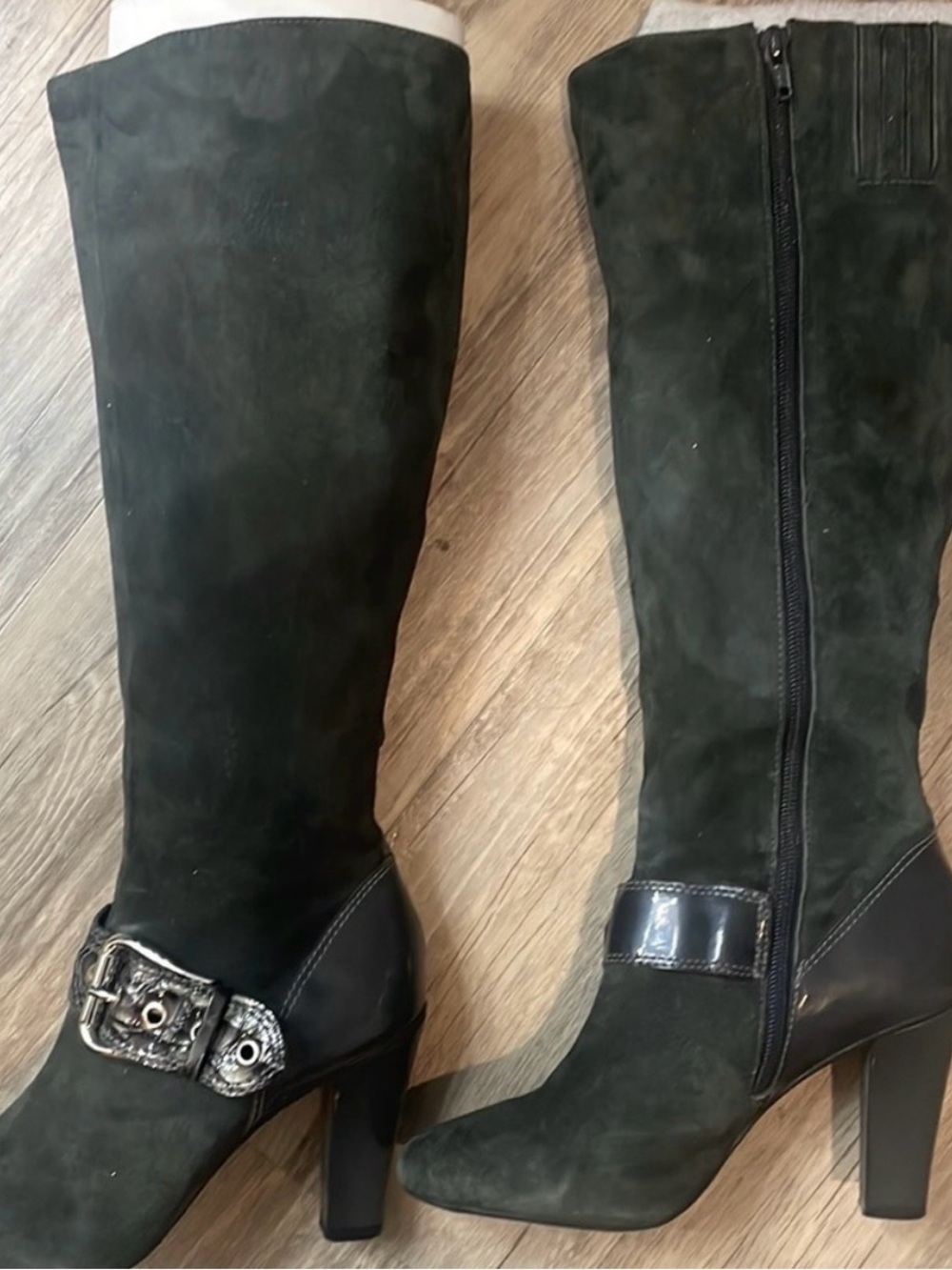 Gianni Bini Black Suede Knee-High Heeled Boots with Buckle
